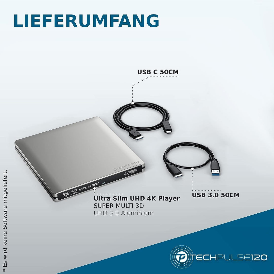 techPulse120 Externes UHD 4k 3D M-Disc BDXL USB 3.0 USB-C Laufwerk Blu-ray Brenner Burner Superdrive