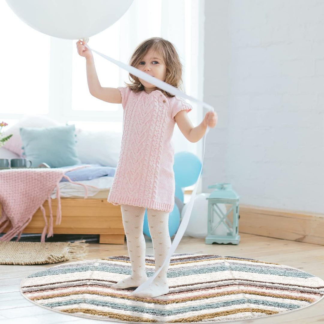 payé Teppich Rund - Hochflor - 120x120cm - Boho - Geometrisch Zick Zack - Muster -Pastellfarben Mult