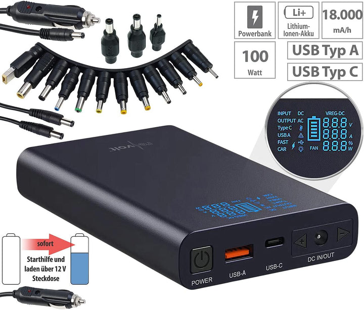 revolt Powerbank 19V DC-Ausgang: USB-Powerbank mit 18 Ah, DC 3-24 V, Starthilfe, QC & USB-C PD, 160