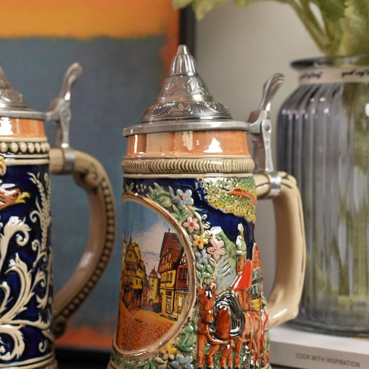 NENBOLEC Bierkrug mit Zinndeckel Bierseidel Steinkrug Deutsch Frankfurt Römer Beer Stein 0.6L