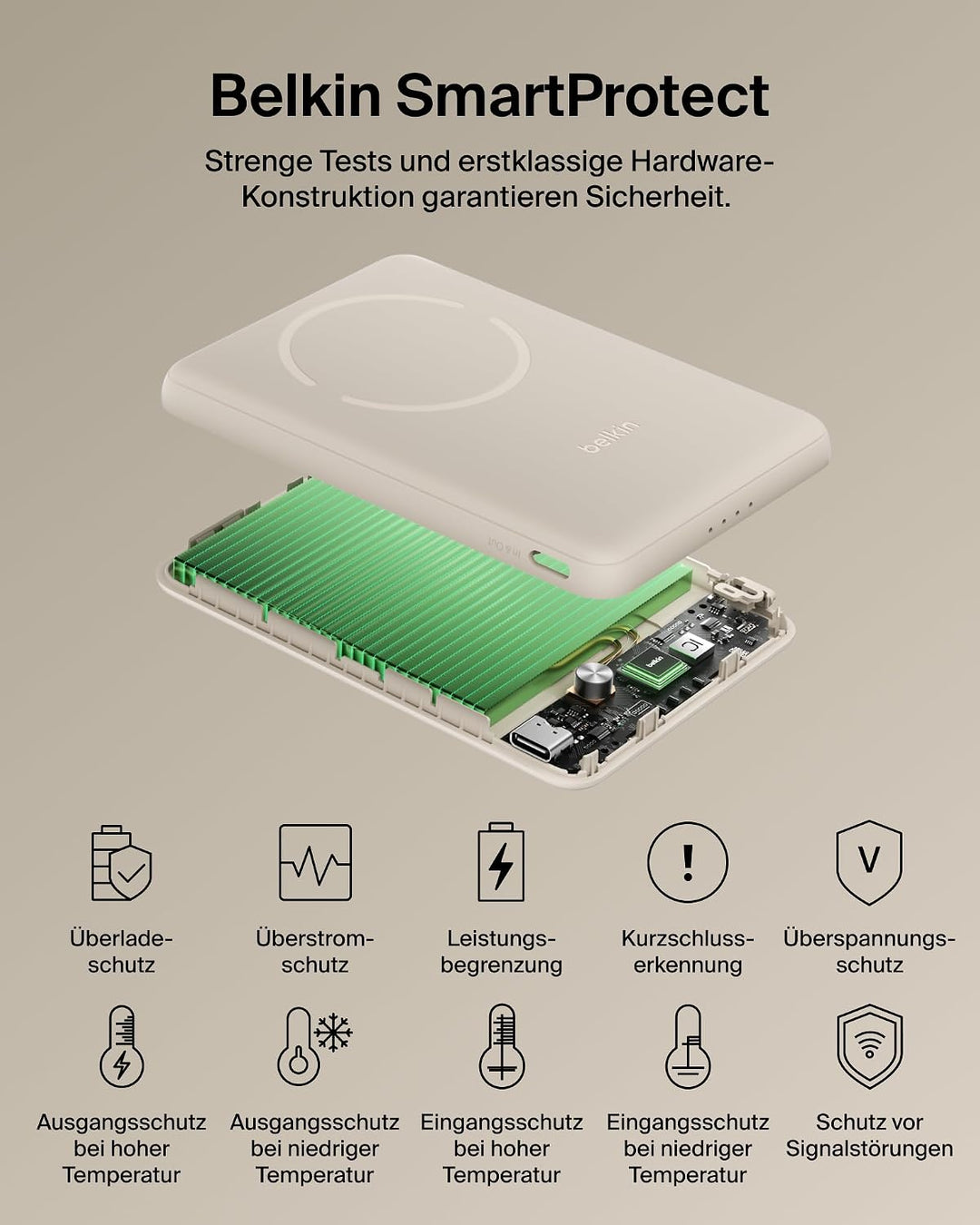 Belkin BoostCharge 5000mAh Magnetische Power Bank mit Magnetring – Beige | 5K Powerbank Kabellos, Ma