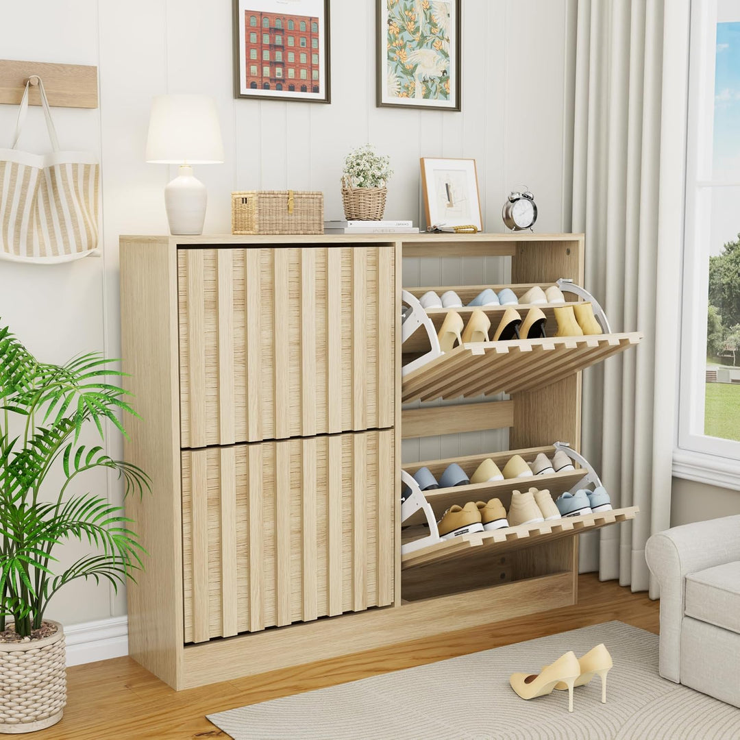 UEV Schuhschrank mit 4 Klappen Holz Schmal Schuhkipper Schuhkommode mit Kippschutz, Schuhaufbewahrun