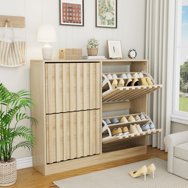 UEV Schuhschrank mit 4 Klappen Holz Schmal Schuhkipper Schuhkommode mit Kippschutz, Schuhaufbewahrun