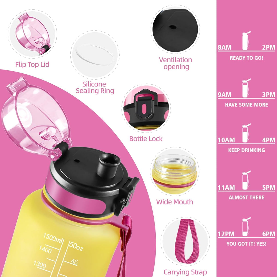 HoneyHolly Trinkflasche 1500ML, Auslaufsicher mit Zeitmarkierung, Water Bottle, Trinkflaschen mit Fi