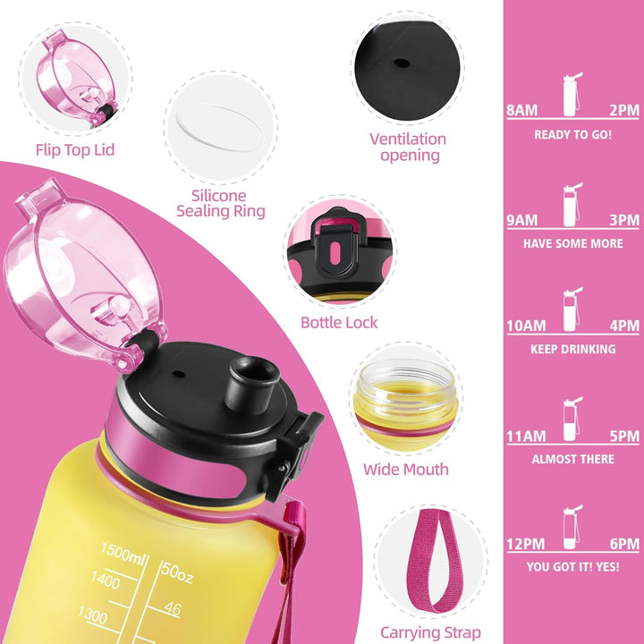 HoneyHolly Trinkflasche 1500ML, Auslaufsicher mit Zeitmarkierung, Water Bottle, Trinkflaschen mit Fi