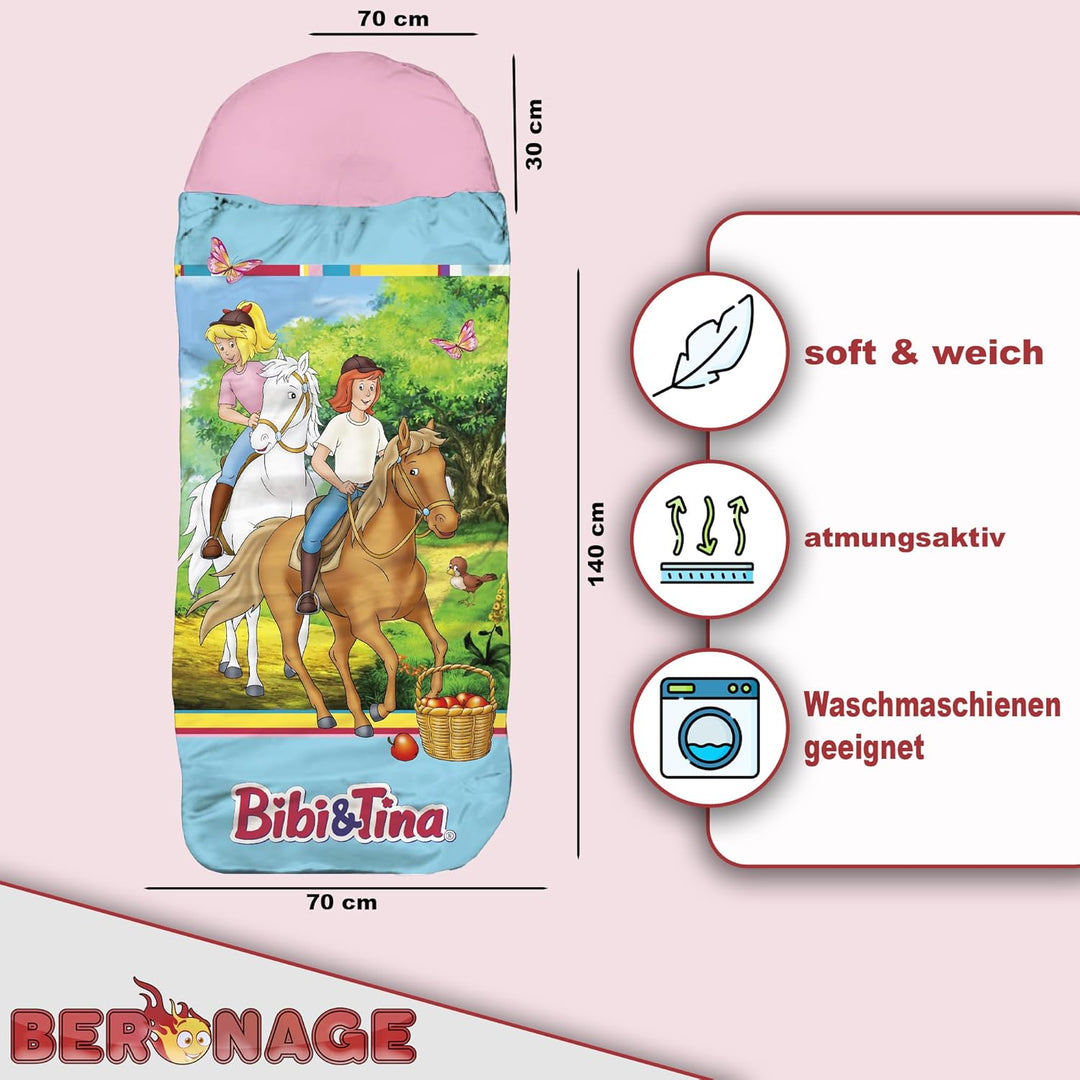 Bibi und Tina Kinder-Schlafsack – Freunde Blau-Rosa, 140 cm + 30 cm (Kapuze) x 70 cm Outdoor/Indoor,