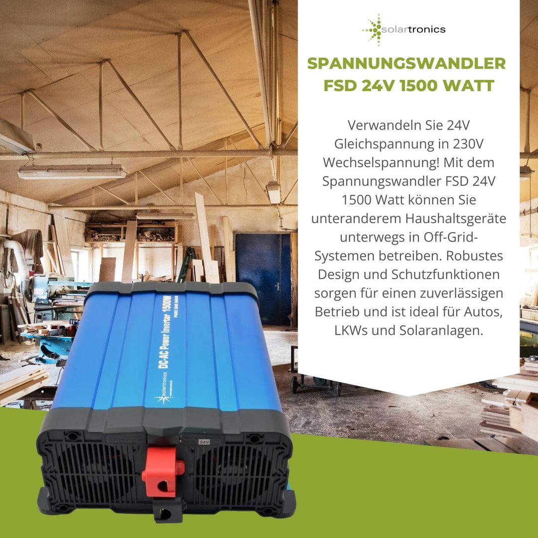 solartronics Spannungswandler FS1500D 24V 1500/3000 Watt Reiner Sinus BLAU m. Display FS Serie LiFeP