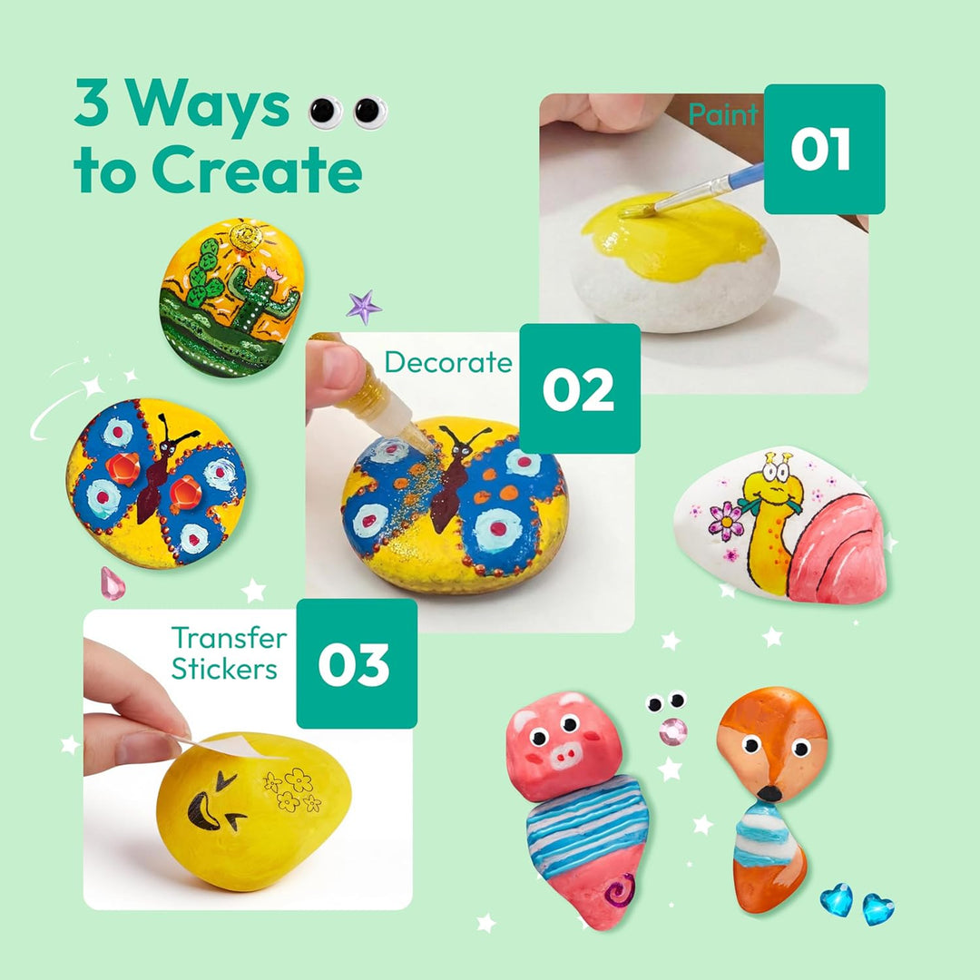 JOYIN 10 Stück Steine Bemalen Set für Kinder mit 18 Farben (Standard Metallicfarben,Aufkleber, Glitz