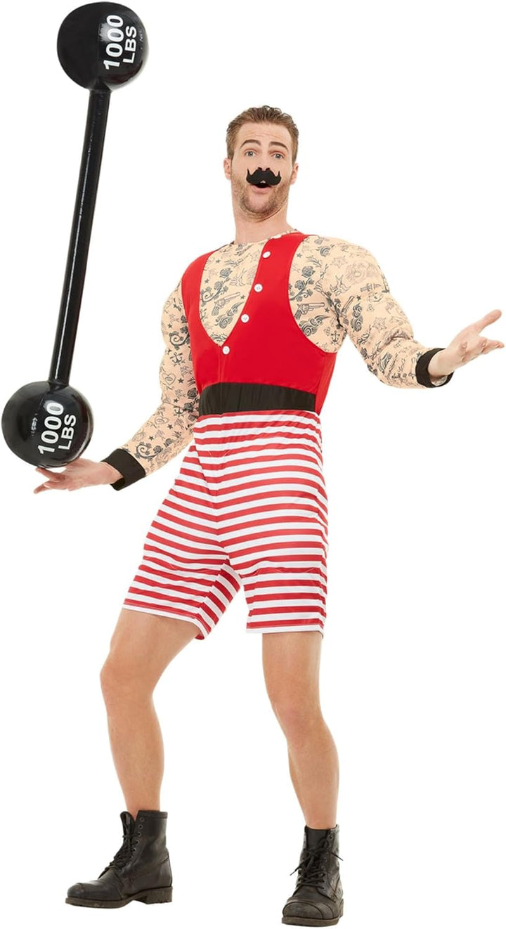 Deluxe Strongman Costume, Red & White, with Short Jumpsuit & Moustache, (L) 42-44 Rot / Weiss, 42-44