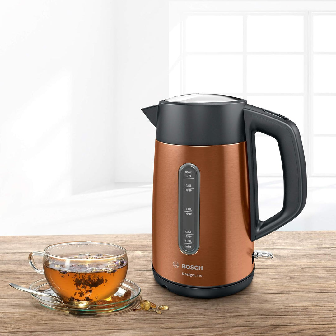 Bosch kabelloser Wasserkocher DesignLine TWK4P439, Ausgiessen ohne Spritzer, Tassenanzeige, Wasserst