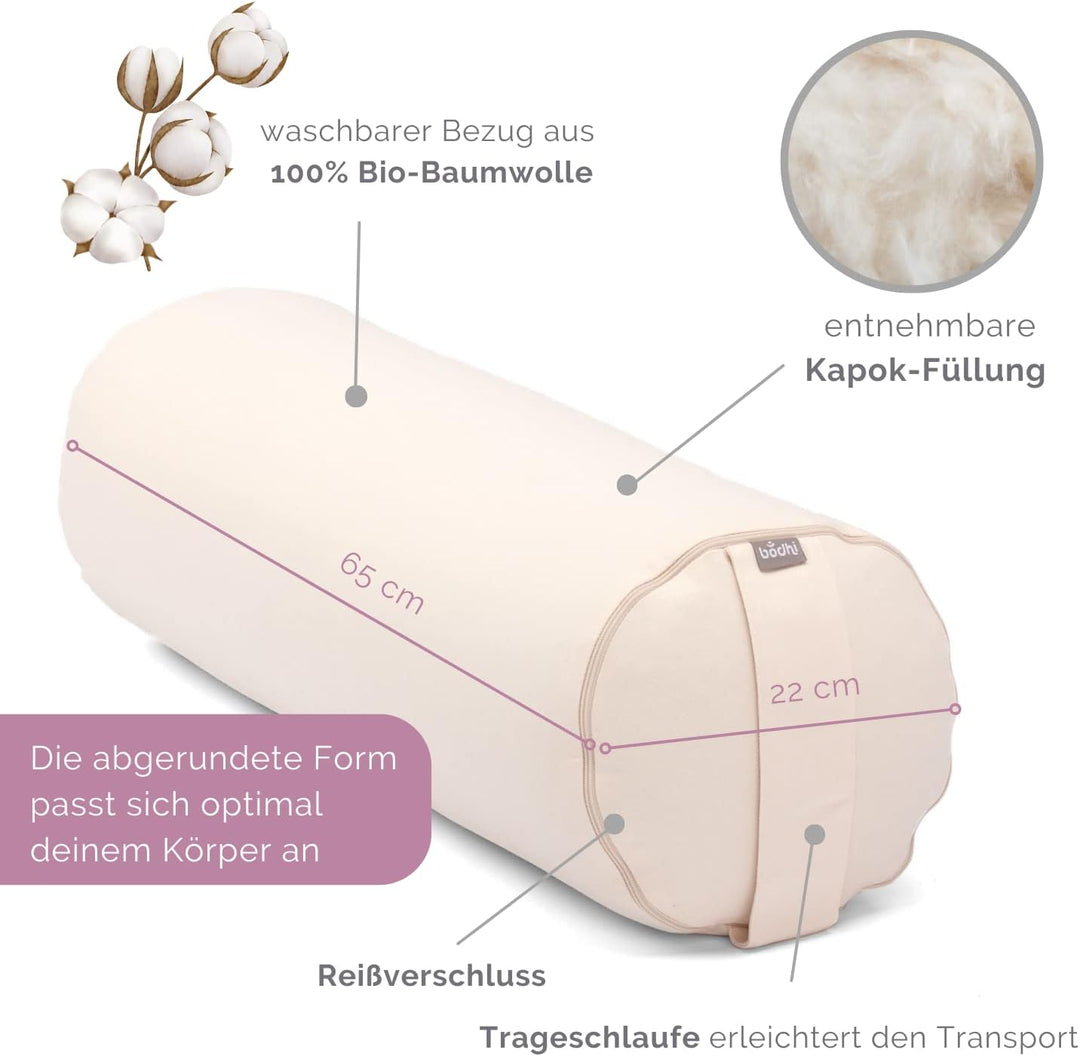 Bodhi Yoga Bolster | ECO Serie | Yogarolle mit Kapok-Füllung | Waschbarer Bezug aus 100% Bio-Baumwol