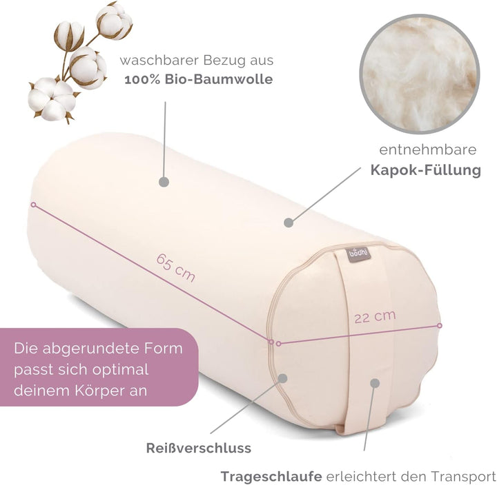 Bodhi Yoga Bolster | ECO Serie | Yogarolle mit Kapok-Füllung | Waschbarer Bezug aus 100% Bio-Baumwol