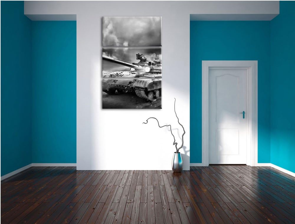Pixxprint Panzer im Nebel 3Teiler 120x80 cm Leinwandbild Wandbild Kunstdruck