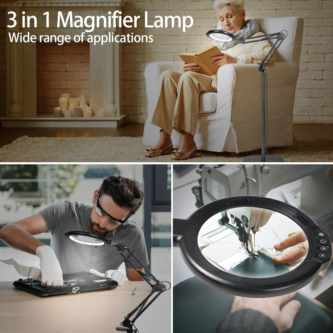 12X Bodenlupe mit Licht und Ständer, Flexible Schwenkarm Lupenleuchte mit 54 LED, 5 Farbmodi stufenl