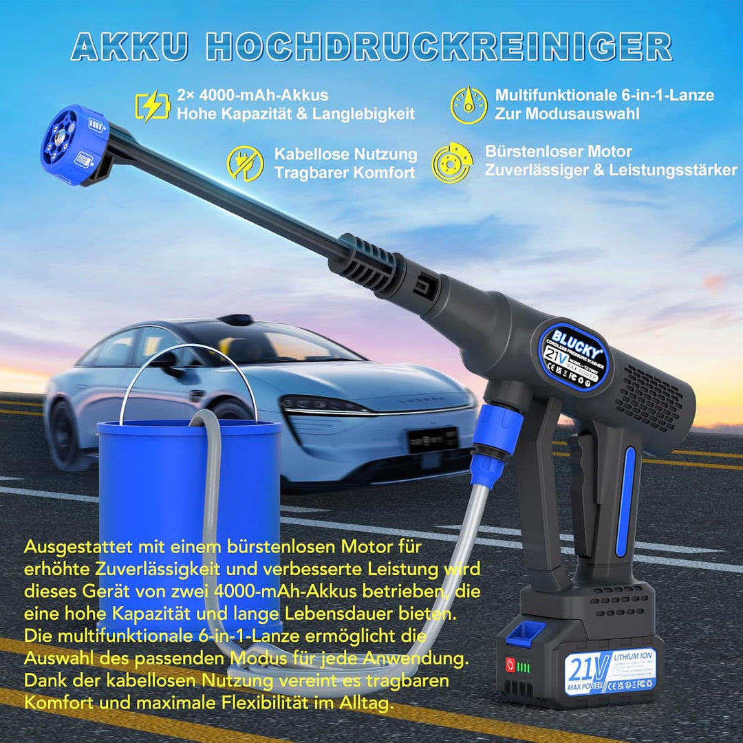 Blucky Akku Hochdruckreiniger Pressure Washer mit 2 Akkus - Direkt an Wasserhahn anschliessbar - Mob