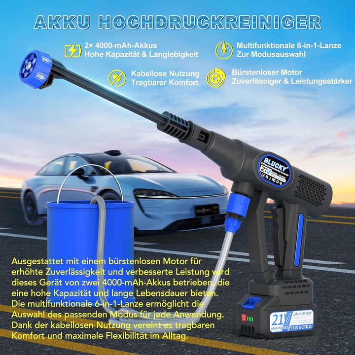 Blucky Akku Hochdruckreiniger Pressure Washer mit 2 Akkus - Direkt an Wasserhahn anschliessbar - Mob