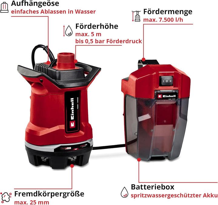 Einhell Akku-Schmutzwasserpumpe GE-DP 18/25 Li-Solo Power X-Change (18 V, 7.500 L/h Fördermenge, 5 m