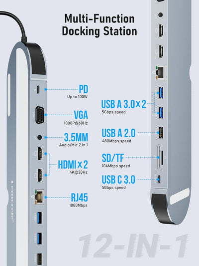 USB C Docking Station Triple Display mit Laptop-Ständerfunktion,Lemorele 12 in 1 USB C Hub Adapter m