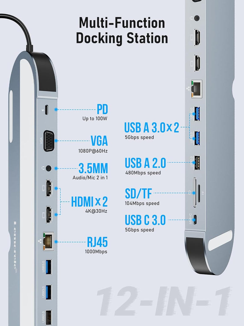 USB C Docking Station Triple Display mit Laptop-Ständerfunktion,Lemorele 12 in 1 USB C Hub Adapter m