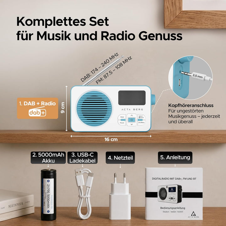 DAB Radio mit Akku 5000 mAh austauschbar &amp; BT 5.3 (Baby-Blau) | DAB+/UKW-Radio, Akku austauschbar +