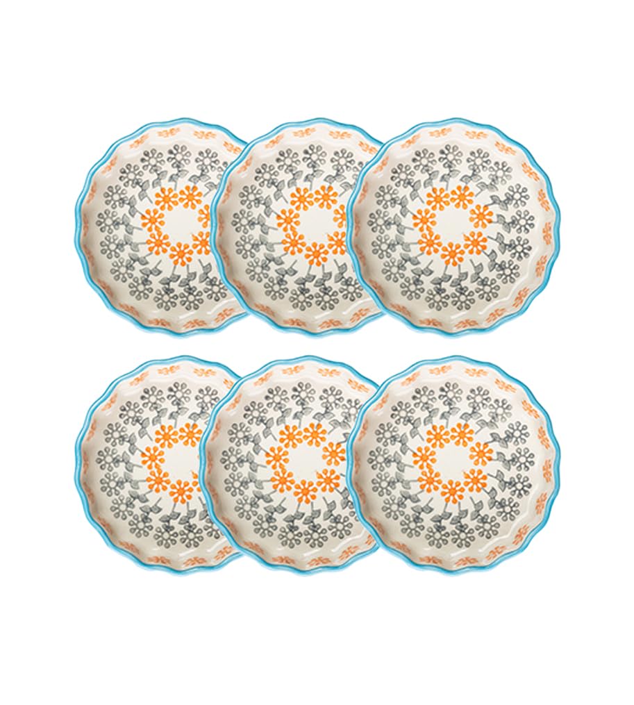 Tranquillo 6er Set Tarteletteform aus Steinzeug mit handgestempeltem Print Orange/Grau/Türkis FLORAL