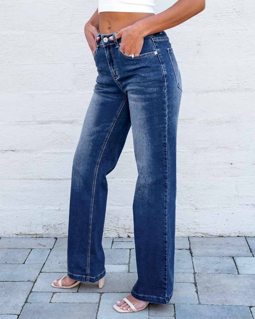 Schlaghose Damen High Waist Wide Leg Baggy Jeans Stretch Hosen XL Dunkelblau, XL Dunkelblau