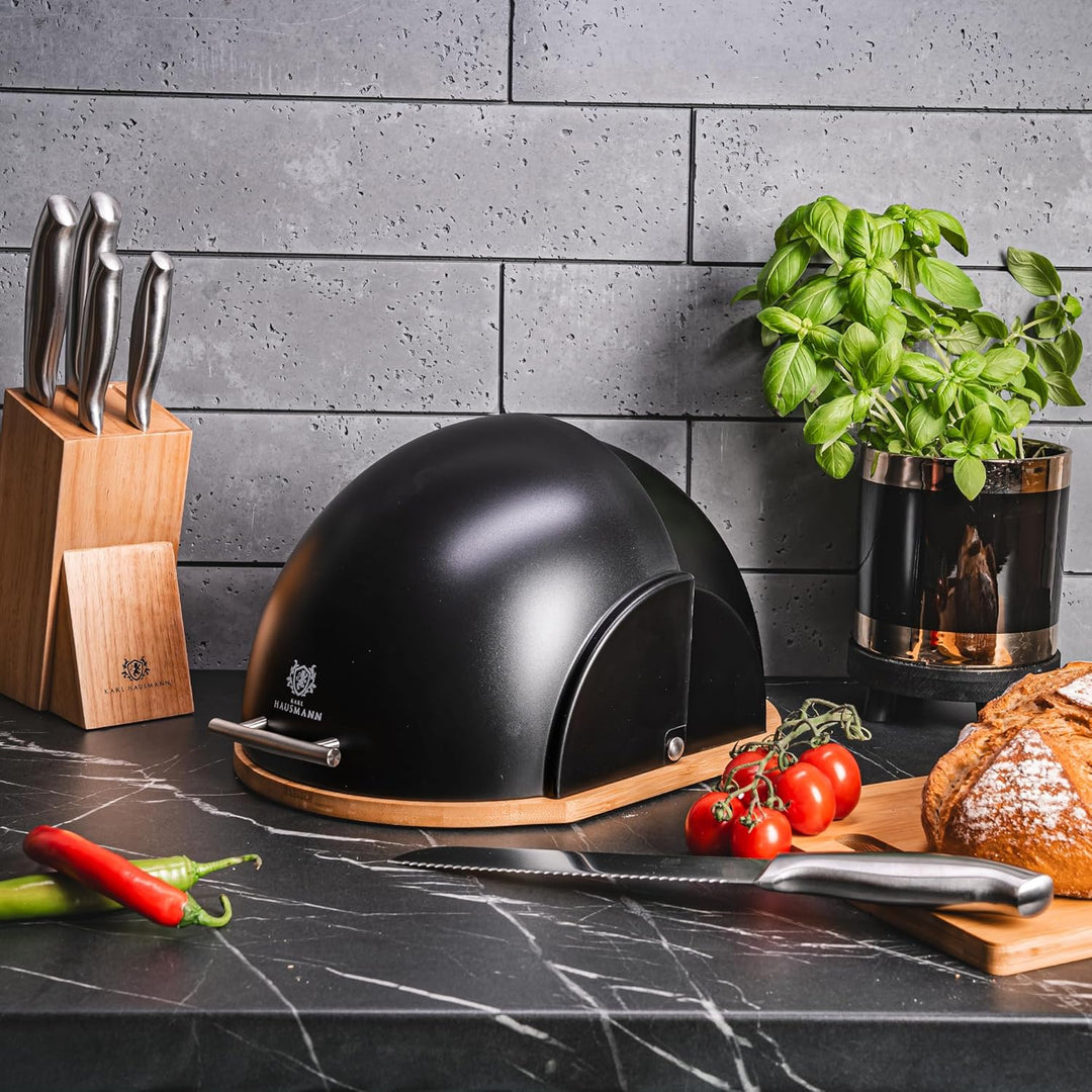 Brotkasten mit Schwarz Deckel - Brotbox Küche mit Bambus Boden - Bread Box - Brotkästen Holz - Brotk