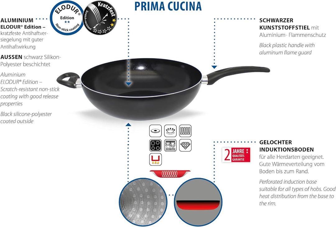 ELO Wok- und Pastapfanne 32 cm Prima Cucina, mit Gegengriff, ELODUR® Edition Antihaftversiegelung, i