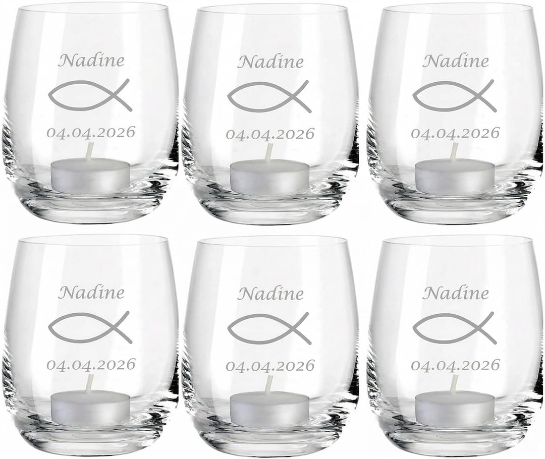 4you DESIGN 6-er Glas Fisch mit Gravur Datum und Name zur Konfirmation, Firmung, Kommunion oder Juge
