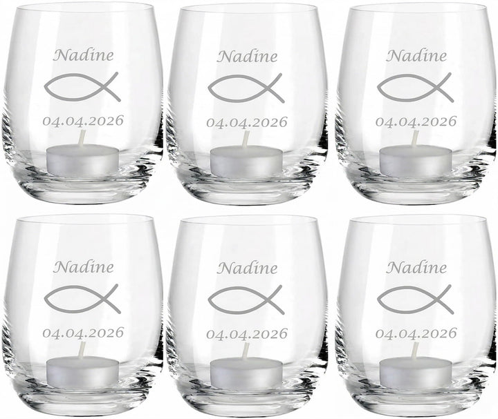 4you DESIGN 6-er Glas Fisch mit Gravur Datum und Name zur Konfirmation, Firmung, Kommunion oder Juge