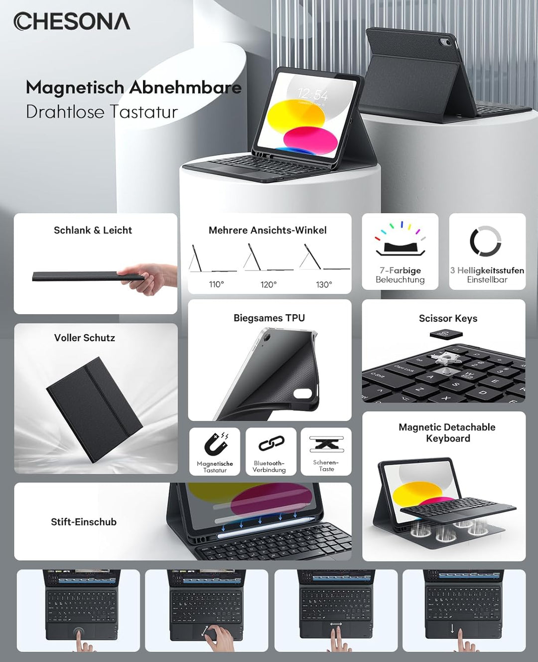 CHESONA iPad 10 Generation Hülle mit Tastatur(10,9, 2022), 7 Farben Beleuchtung, Multi Touch Trackpa
