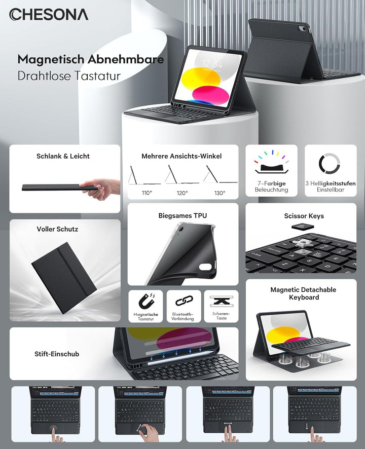 CHESONA iPad 10 Generation Hülle mit Tastatur(10,9, 2022), 7 Farben Beleuchtung, Multi Touch Trackpa