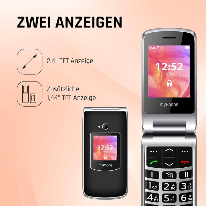 MP myPhone myPhoneRumba 2 Schwarz 2.4” Farbdisplay Klapphandy ohne Vertrag mit Grossen Tasten und Ka