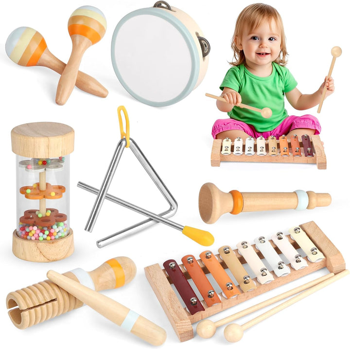 Musikinstrumente für Kinder, Musikspielzeug Baby Trommel Xylophon Holz Montessori Spielzeug, Sensori
