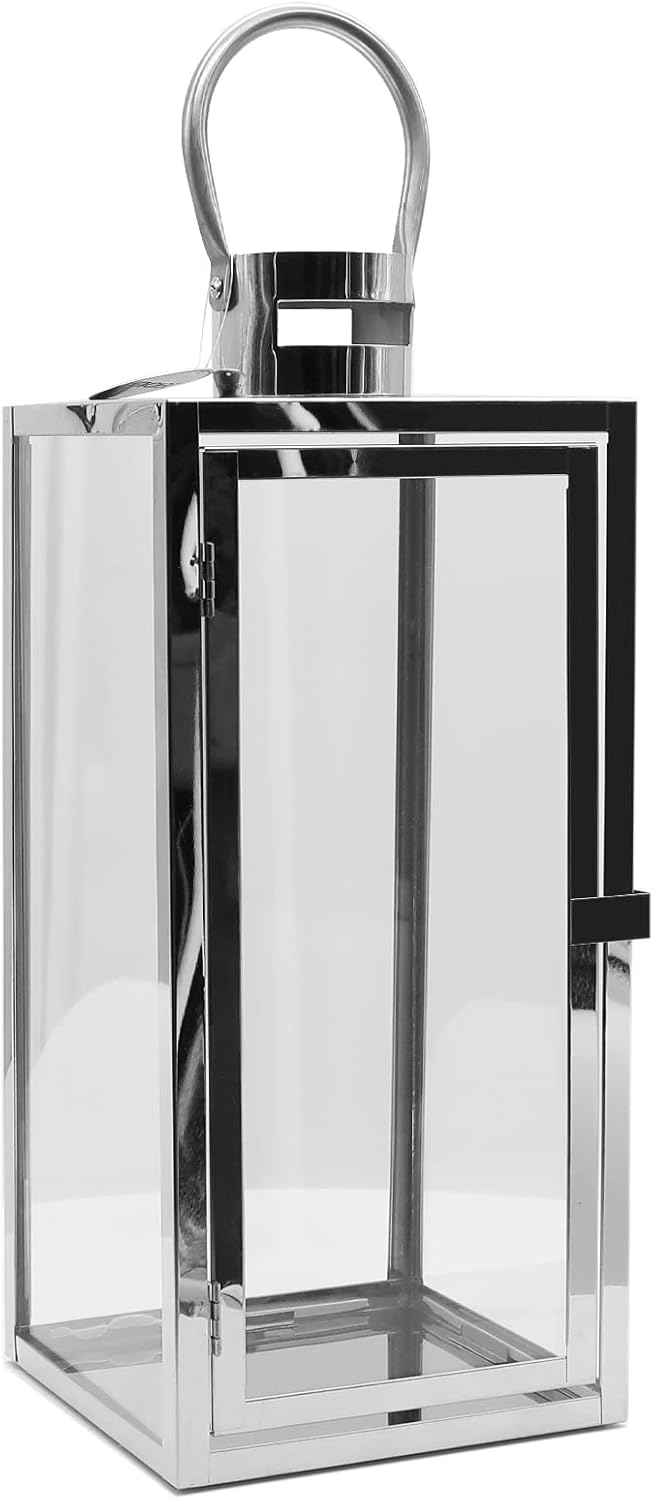 Dekovita 42cm Laterne aus Edelstahl - Gartenlaterne mit Glas-Scheiben und Henkel - Metall Deko-Later
