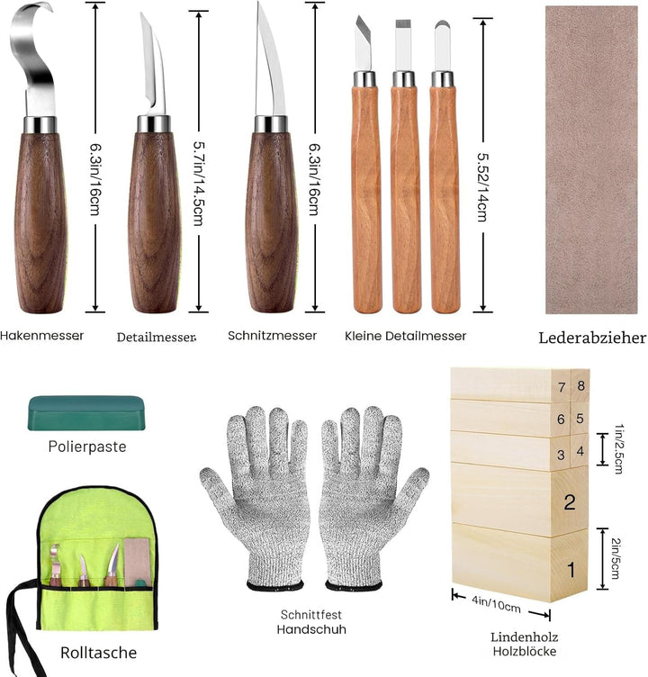 Holz Schnitzwerkzeug Set für Kinder und Anfänger, Holz Schnitzen Set mit 8PCS Lindenholz, Holzschnit