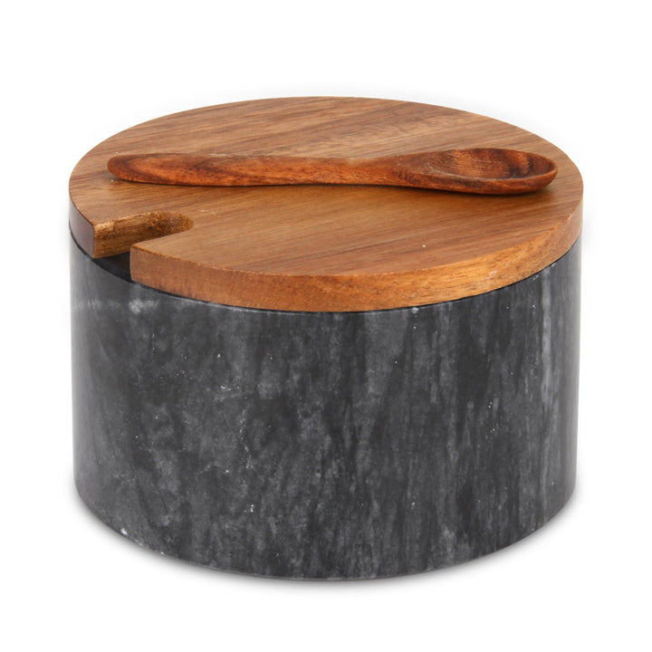 Salzstreuer Marmor mit Holzdeckel und Löffel Salz- oder Pfefferstreuerschale aus Stein, Gewürzbehält