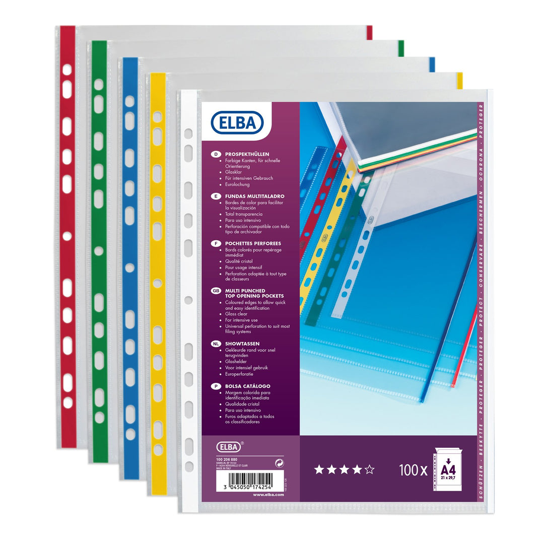 ELBA Hüllen perforiert A4 aus Polypropylen 9/100 verschiedene Farben 100 Pochettes sortiert, 100 Poc