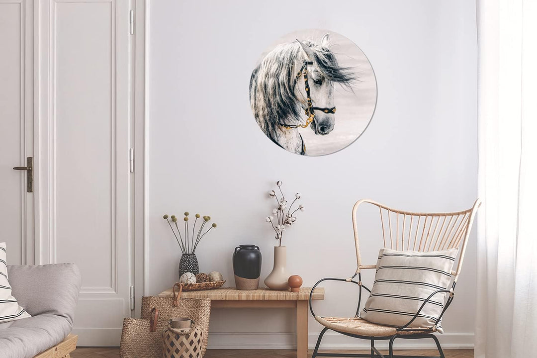 MuchoWow Wandbild Rund Wanddeko Deko Wohnzimmer Bilder 60x60 cm Pferd - Weiss - Gold, 60x60 cm