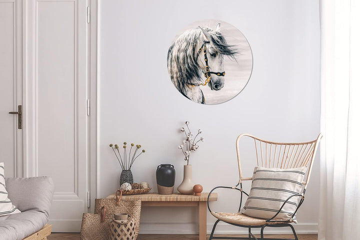 MuchoWow Wandbild Rund Wanddeko Deko Wohnzimmer Bilder 60x60 cm Pferd - Weiss - Gold, 60x60 cm