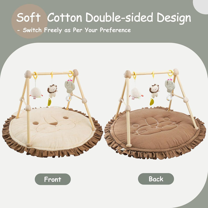 COTTONBEBE 4 IN 1 Spielbogen Baby, Spielmatte Babies mit Natur Holz Activity Spielbogen, 3 abnehmbar