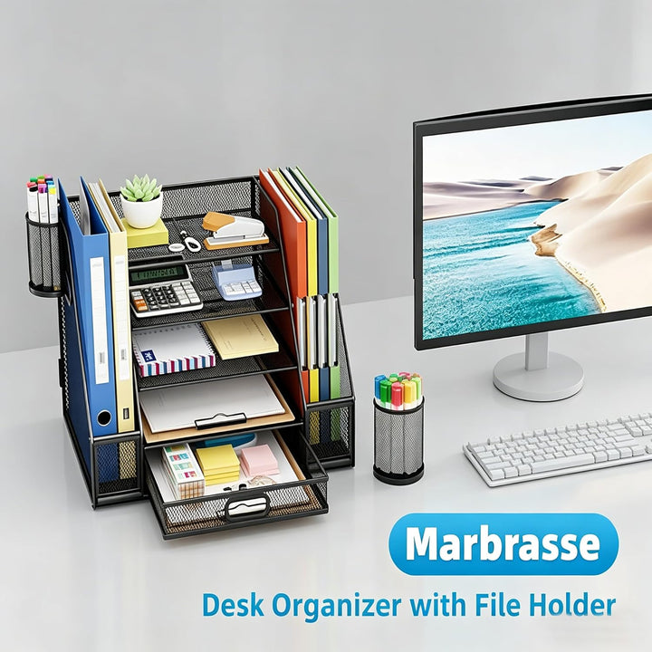 Marbrasse Schreibtisch Organizer mit Aktenhalter,5 Ebenen Briefablage Ablagefächer mit Schublade und