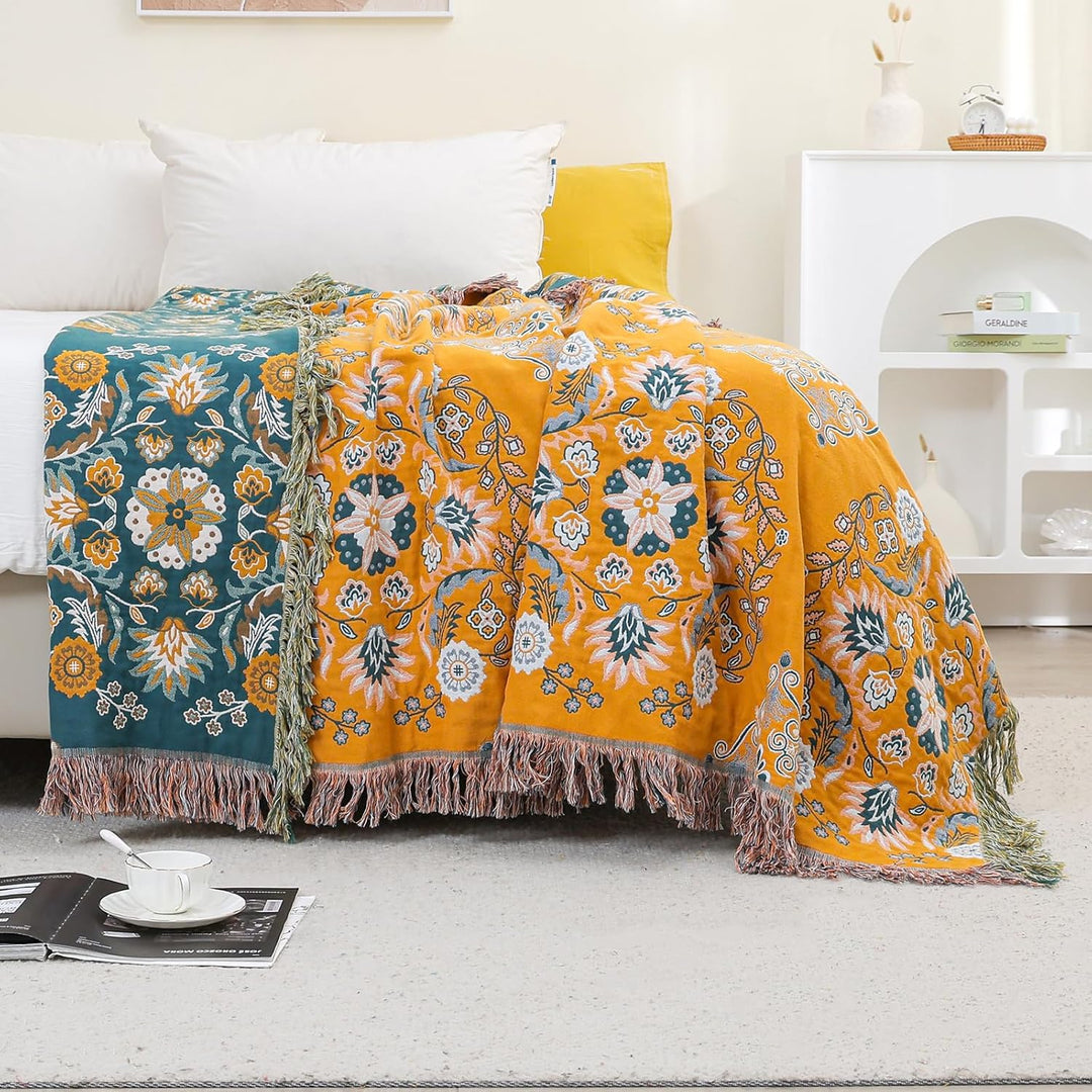 HOORDRY 100% Baumwolle Decke 230 x 250CM Boho Tagesdecke Doppelseitig Kuscheldecke Sofaüberwurf Wend