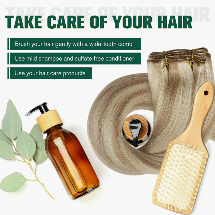 RUNATURE Blond Extensions Tressen Echthaar Aschblond mit Platinblond Echthaar Tressen Zum Einnähen R