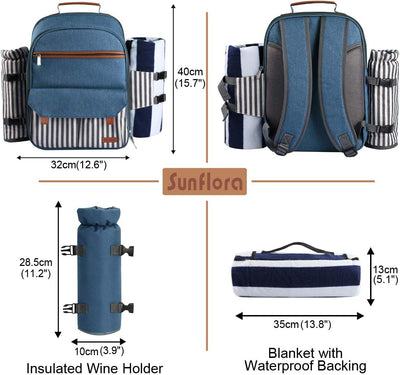 Sunflora Picknick Rucksack Set 4 Personen mit Isoliertem Kühlung und Decke, Picknickkorb 4 Personen