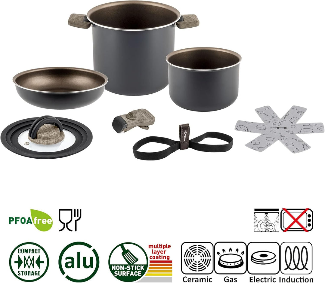 BRUNNER Camping HOHES Kochgeschirr-Set Alu (Töpfe und Pfannen) - ø 18, 20, 22 cm TORRALTA Vakublock