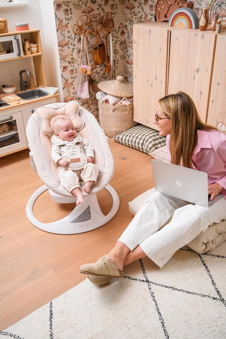 MoMi Babywippe PEARL für Babys bis 9 kg, 360° drehbarer Sitz, LED-Panel, Bluetooth, Fernbedienung, B