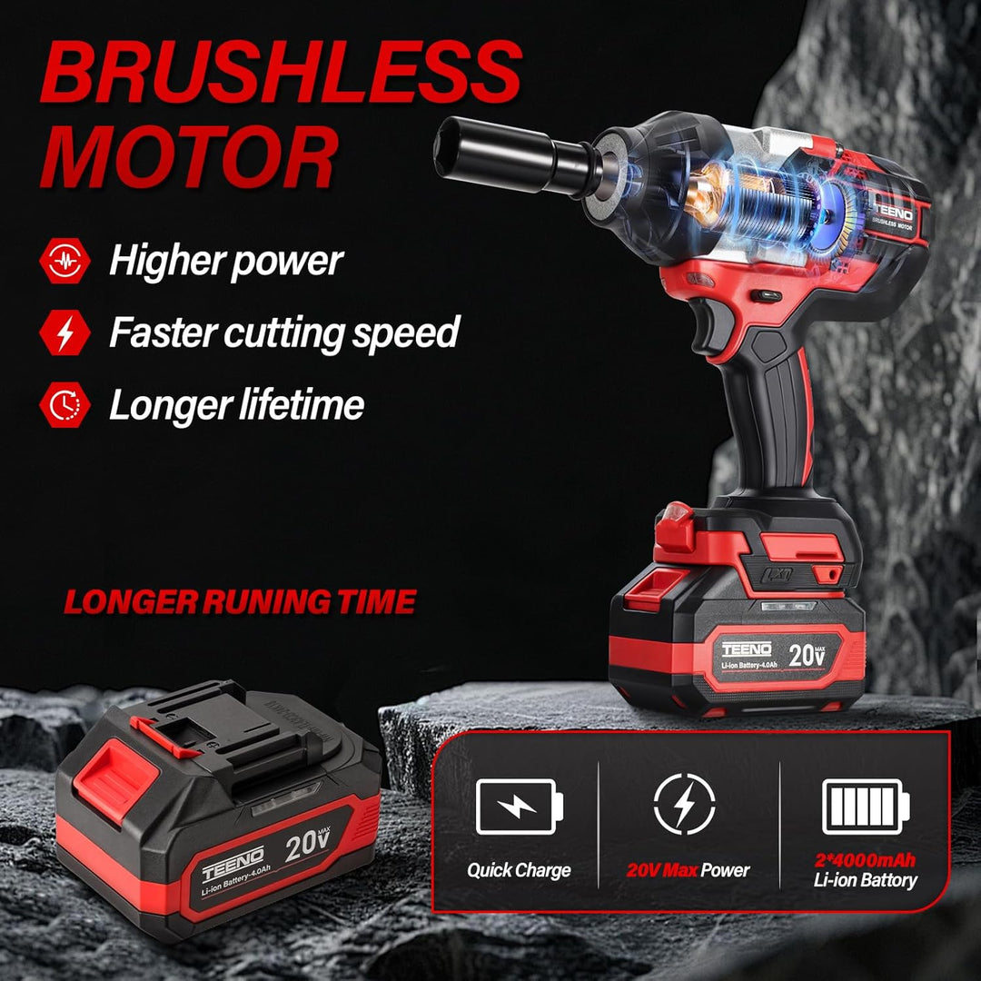 TEENO 1/2 Zoll Akku-Schlagschrauber Brushless, 1300 N·m Drehmoment, 2×4,0 Ah Akkus, inkl mit 5 Steck