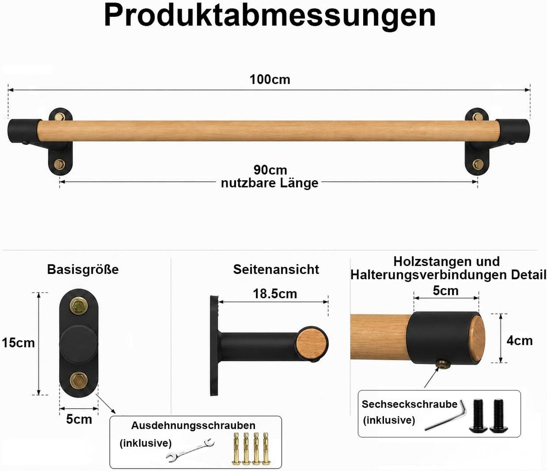Klimmzugstange Wandmontage aus Holz, 40mm Holzgriff aus Buche, Platzsparende Pull Up Bar für Home Gy