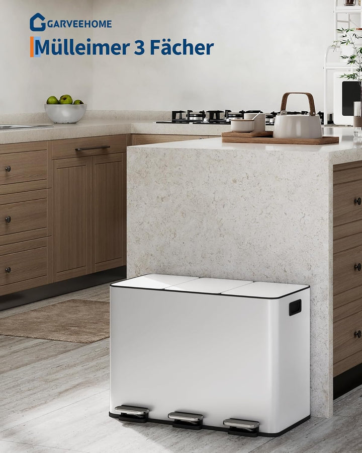 Mülleimer Küche 3 x 15 L aus Edelstahl, 3 Fächer Treteimer mit Softclose-Deckel, Abfalleimer mit Rut